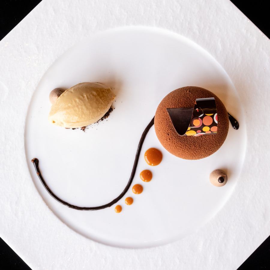 Plated chocolate dessert at The Conche